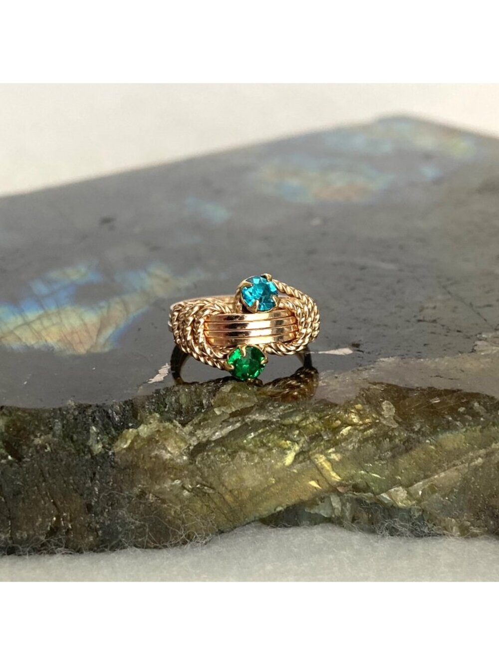 Brass Colored Wire wrapped Blue & Green Rhinestone Baby Ring Size <1
